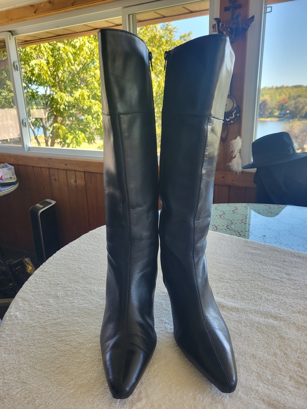 Blondo Black Leather Knee-High Pointed Toe Heeled Boots